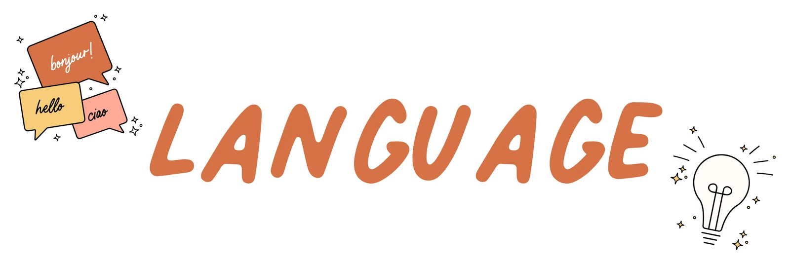 Hand-lettered banner with speech bubbles saying bonjour, hello and ciao, and a lightbulb