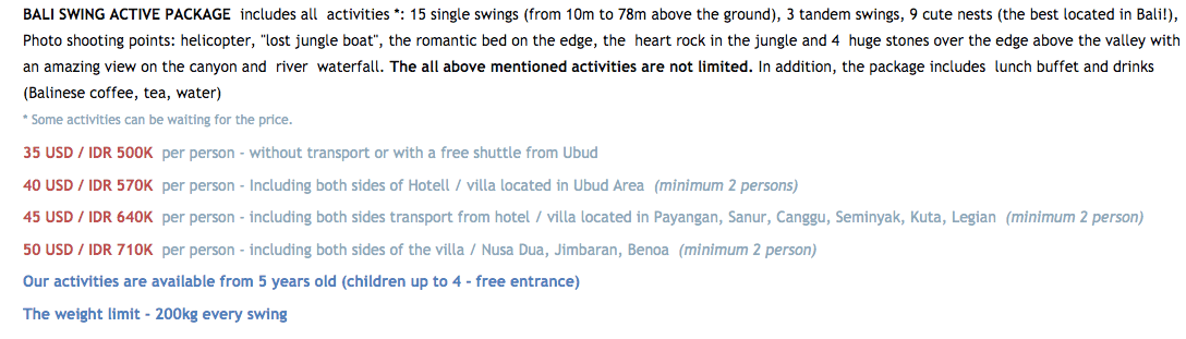 Bali Swing Park Prices