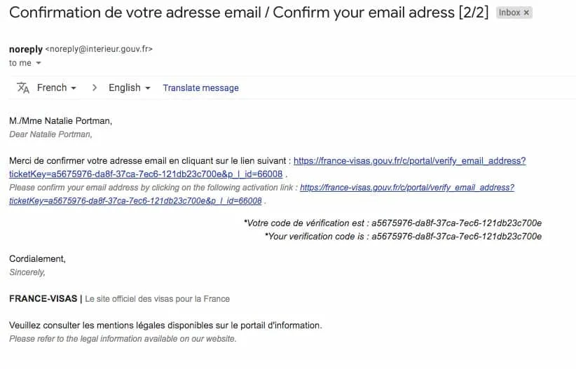 Second Email confirmation from France Visa Website