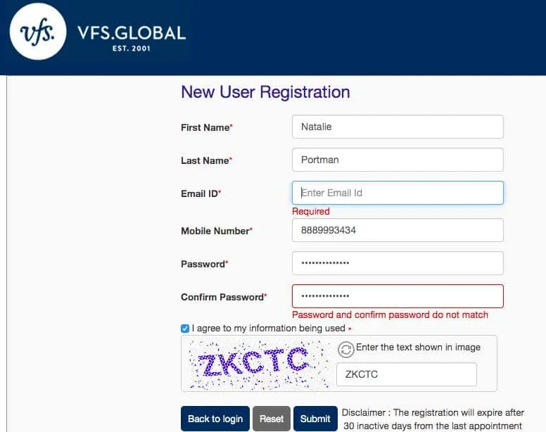VFS Global New User Registration