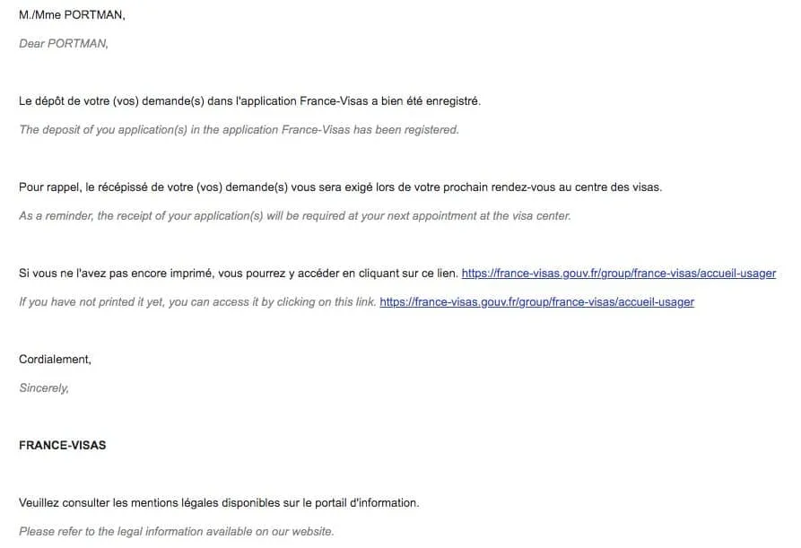 Official France Visa Website Confirmation Email