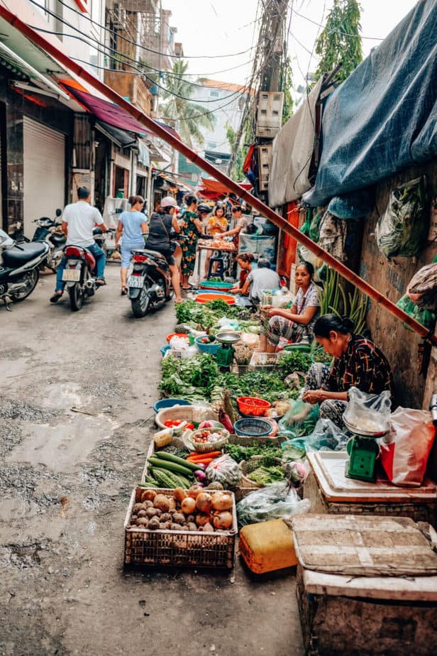 outdoor food market in Hanoi, Vietnam