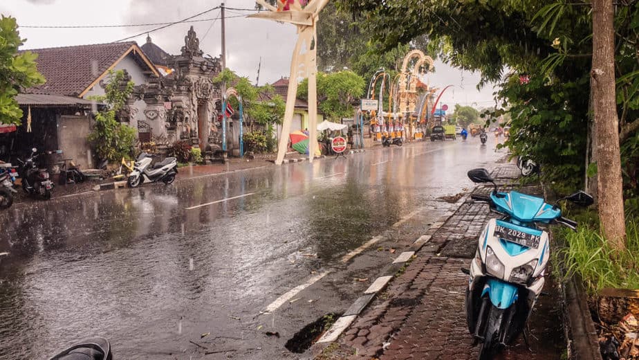 A rainy day in Bali with scooters