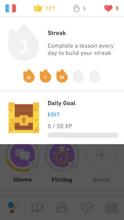 Daily goal on Duolingo to 50 XP