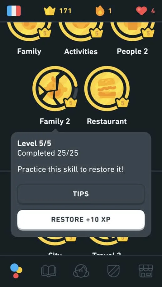 Restore a skill in Duolingo for 10 XP