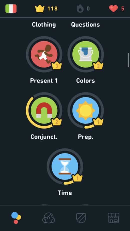 Duolingo subjects with different levels of crowns