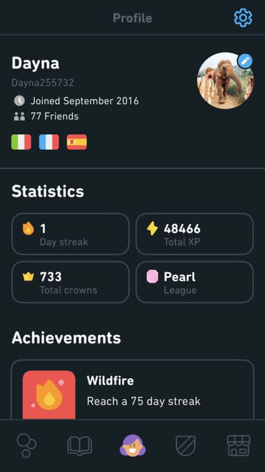 profile on duolingo that shows total XP earned