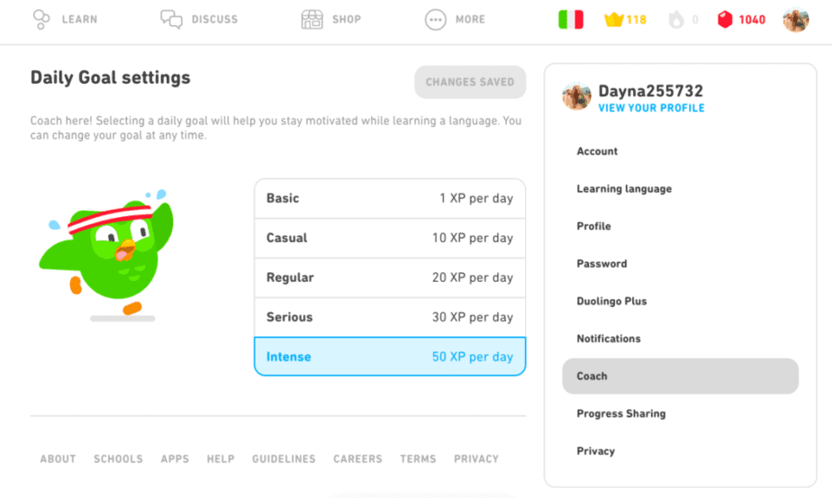 Daily Goal settings page on Desktop version of Duolingo