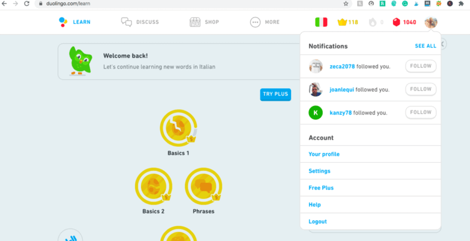Desktop version of Duolingo