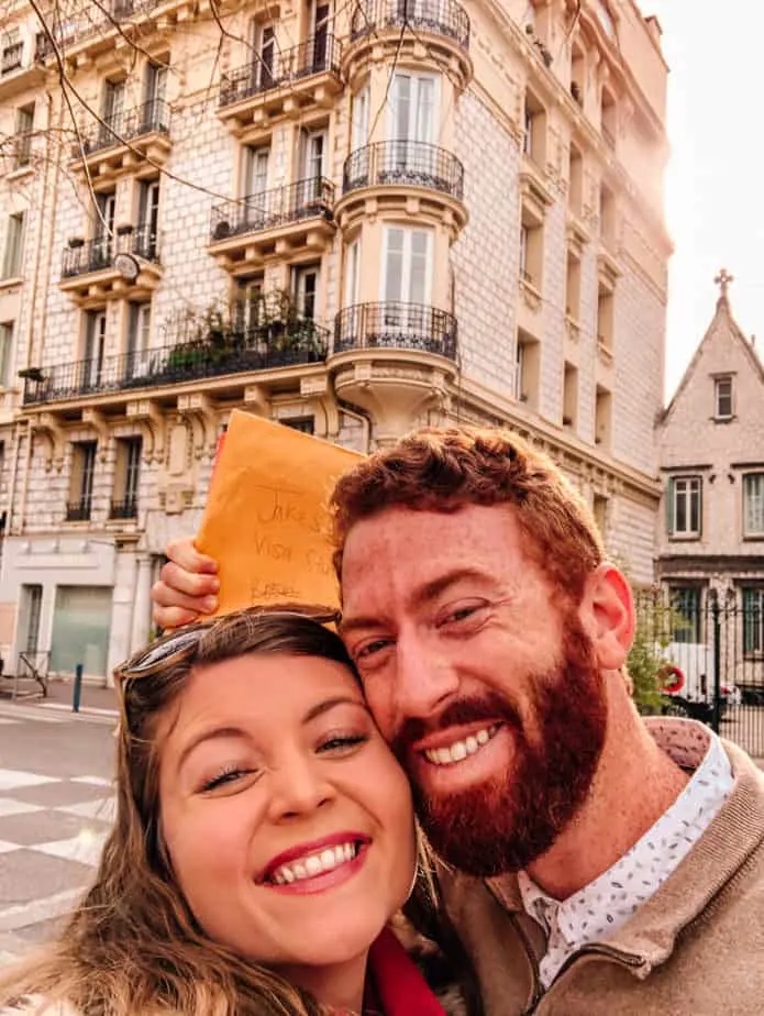 a couple smiling in Nice, France