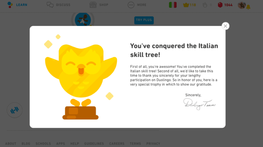 Duolingo Golden Owl certificate on the desktop website 
