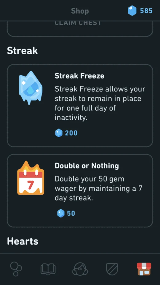 buy a streak freeze or double or nothing with gems 