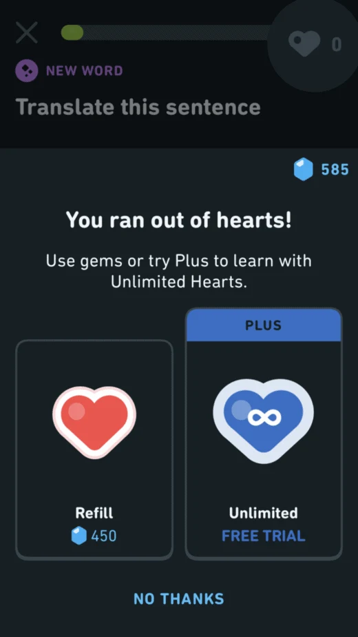 refill your hearts and health with duolingo gems