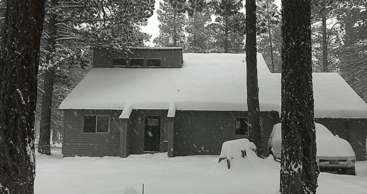 gray cabin covered in snow