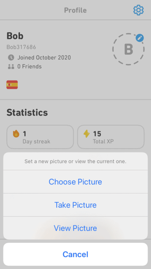 choose picture or take a picture for profile picture on duolingo