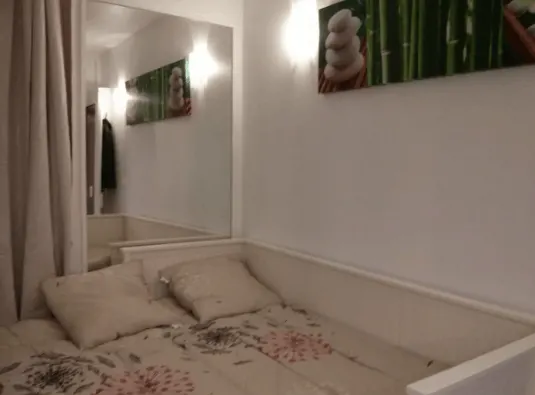 bed couch in cheap Airbnb in Paris, France