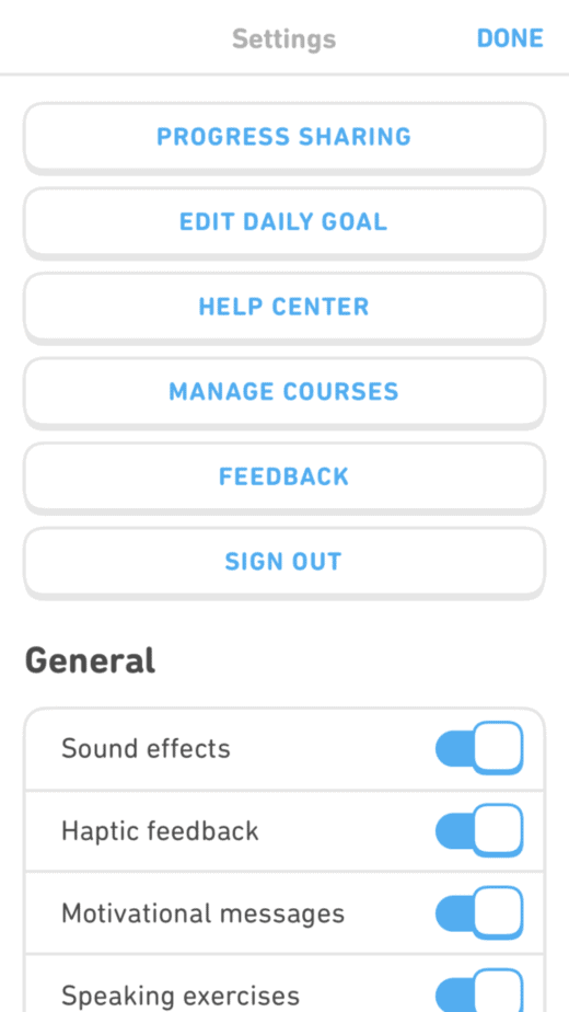 Progress Sharing on Duolingo settings