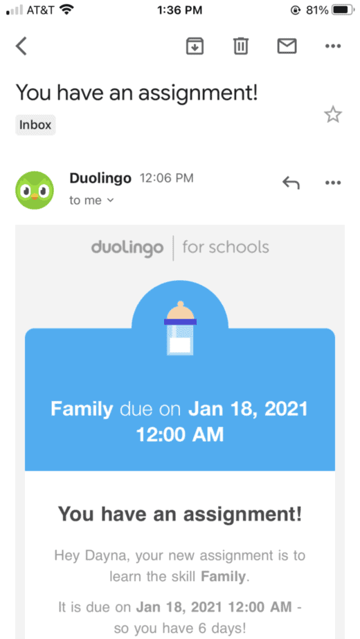 email from Duolingo about assignments