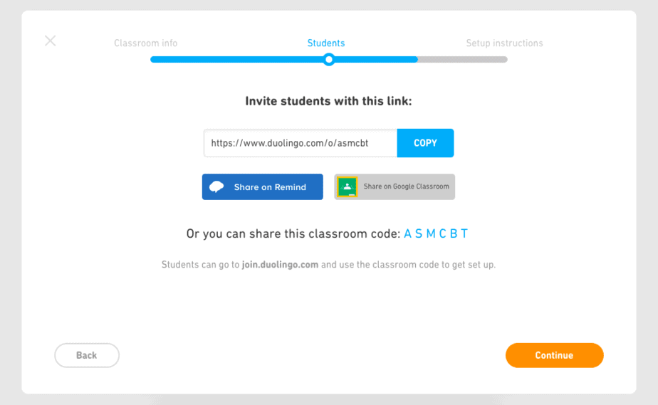 invite students with a link to duolingo classroom