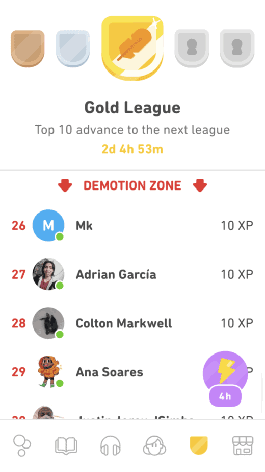 demotion zone in the gold league on duolingo