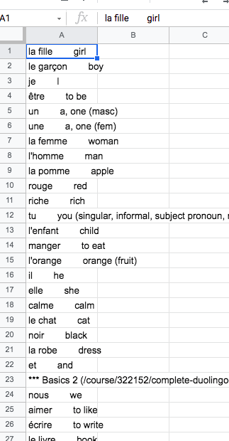 duolingo vocabulary list on Google sheets