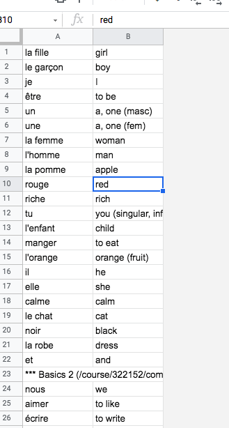 duolingo vocabulary list in Google Sheets