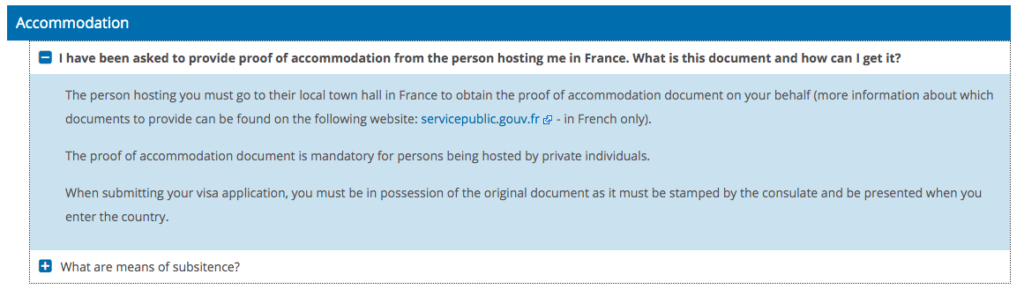 Proof of Accommodation Q&A on France Visa Website