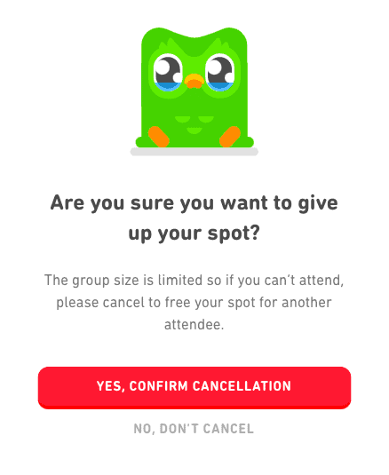 Confirm Cancellation of Duolingo Event