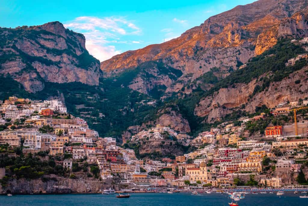 Positano view from ferry at sunset