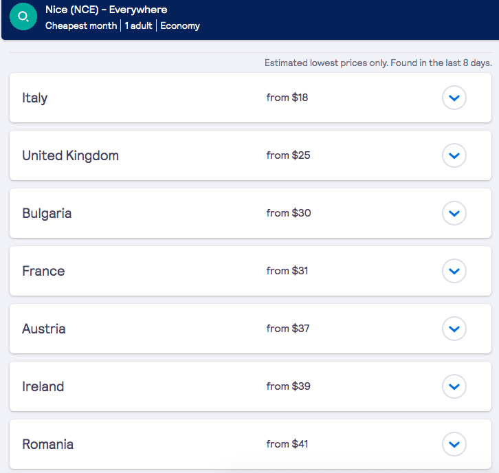 prices of flights from Nice to anywhere in the world