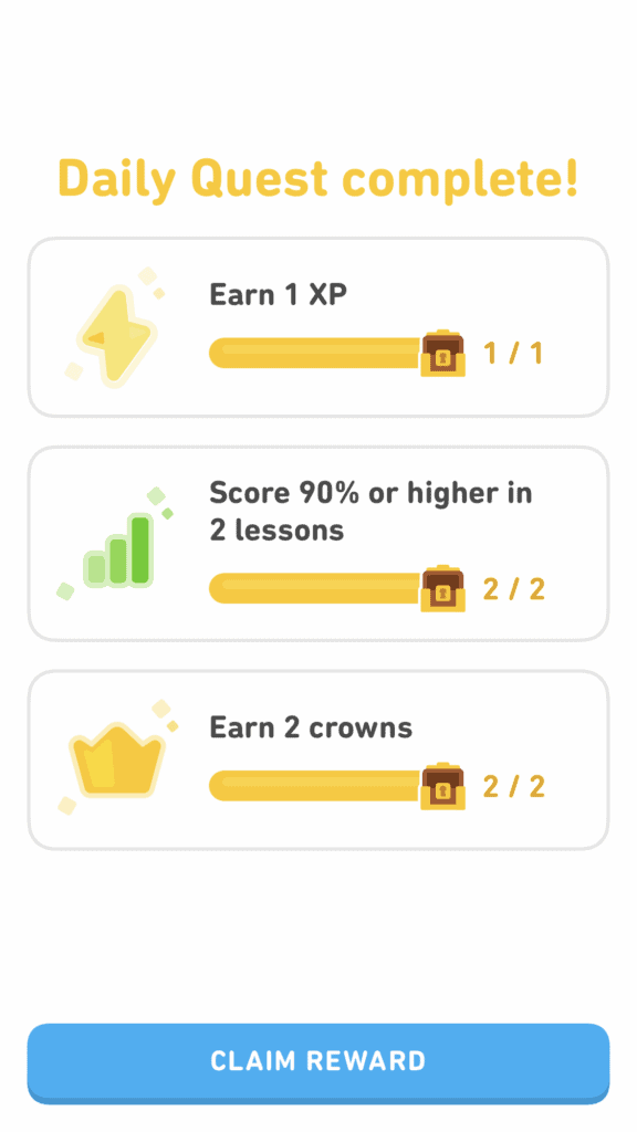 claim rewards for completing daily quest on Duolingo