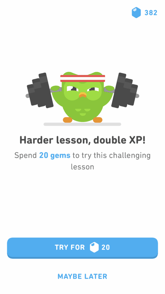 Harder Duolingo Lesson, Double the XP for 20 gems