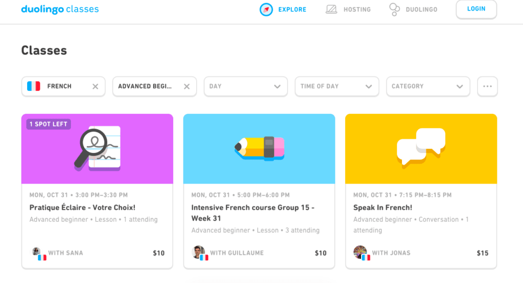 Duolingo Classes filters