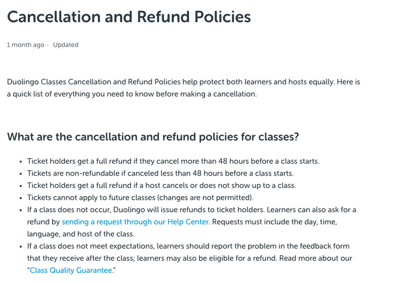 Duolingo Classes Refund Policy