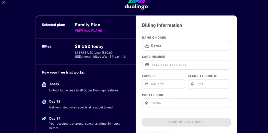Duolingo Family Plan Billing Information