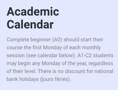 Academic calendar at AF Nice