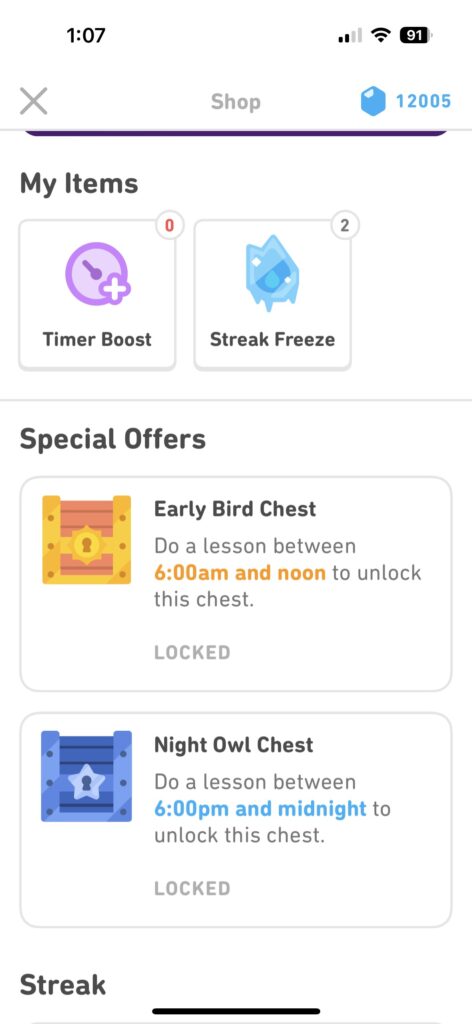 duolingo special offers section with early bird and night owl chests