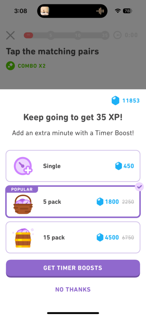 buying timer boosts with gems in Duolingo