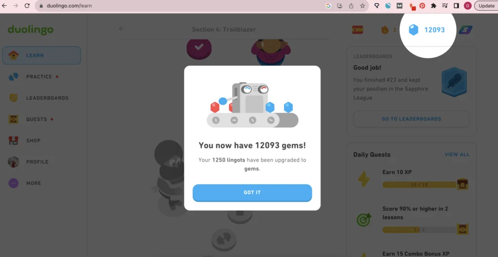 lingots converted to gems on Duolingo desktop