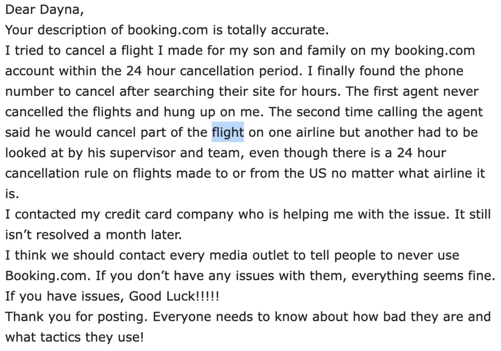 comment complaining about booking flights on booking.com