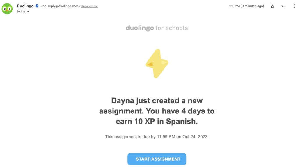 assignment email for students on duolingo