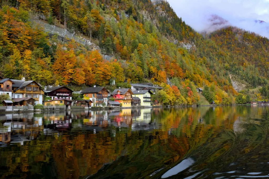 hallstatt reflection on the lake in autumn