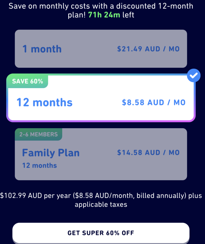 The cost of Super Duolingo in Australia AUD